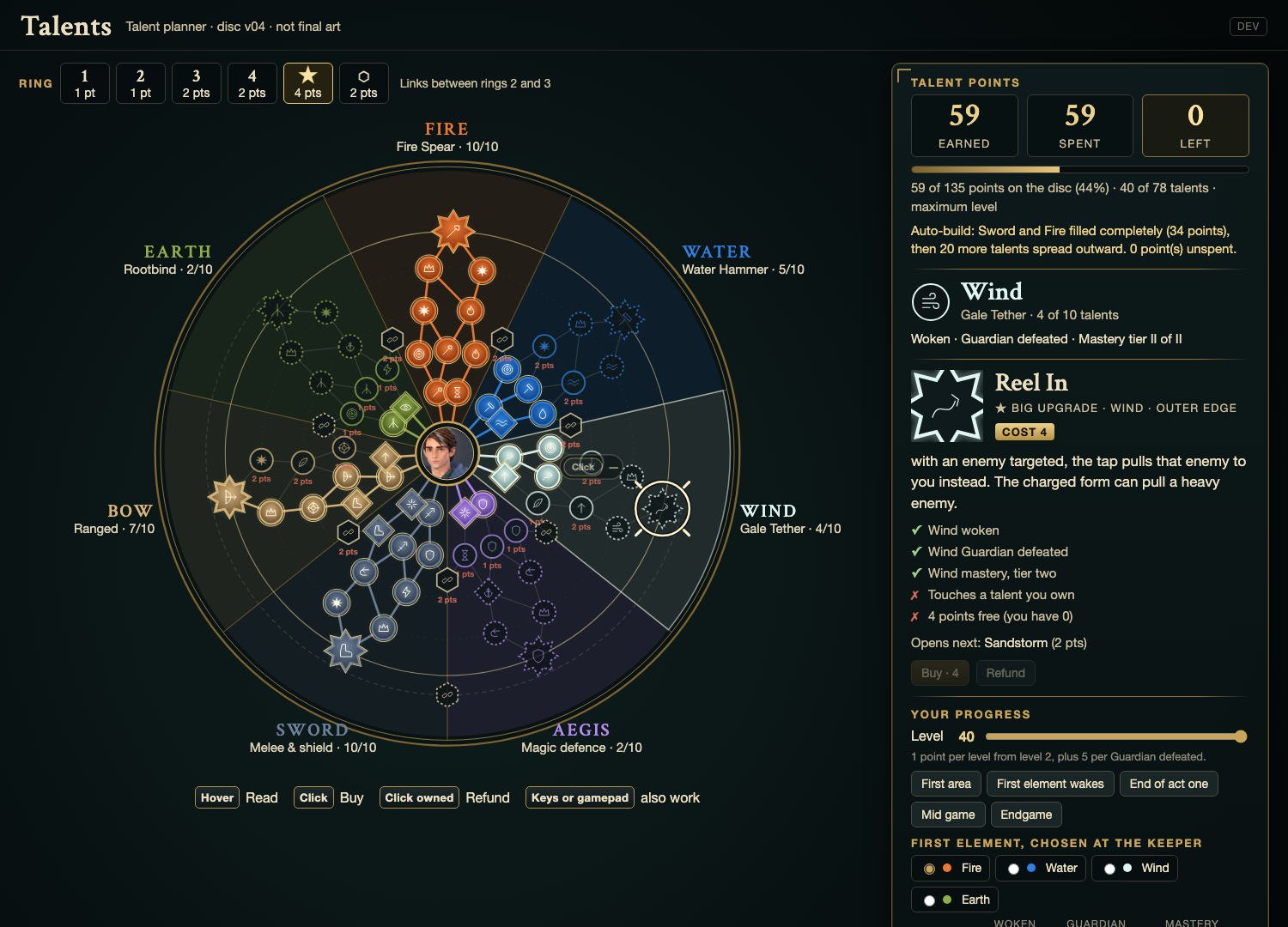 A circular talent web with seven elemental and weapon slices