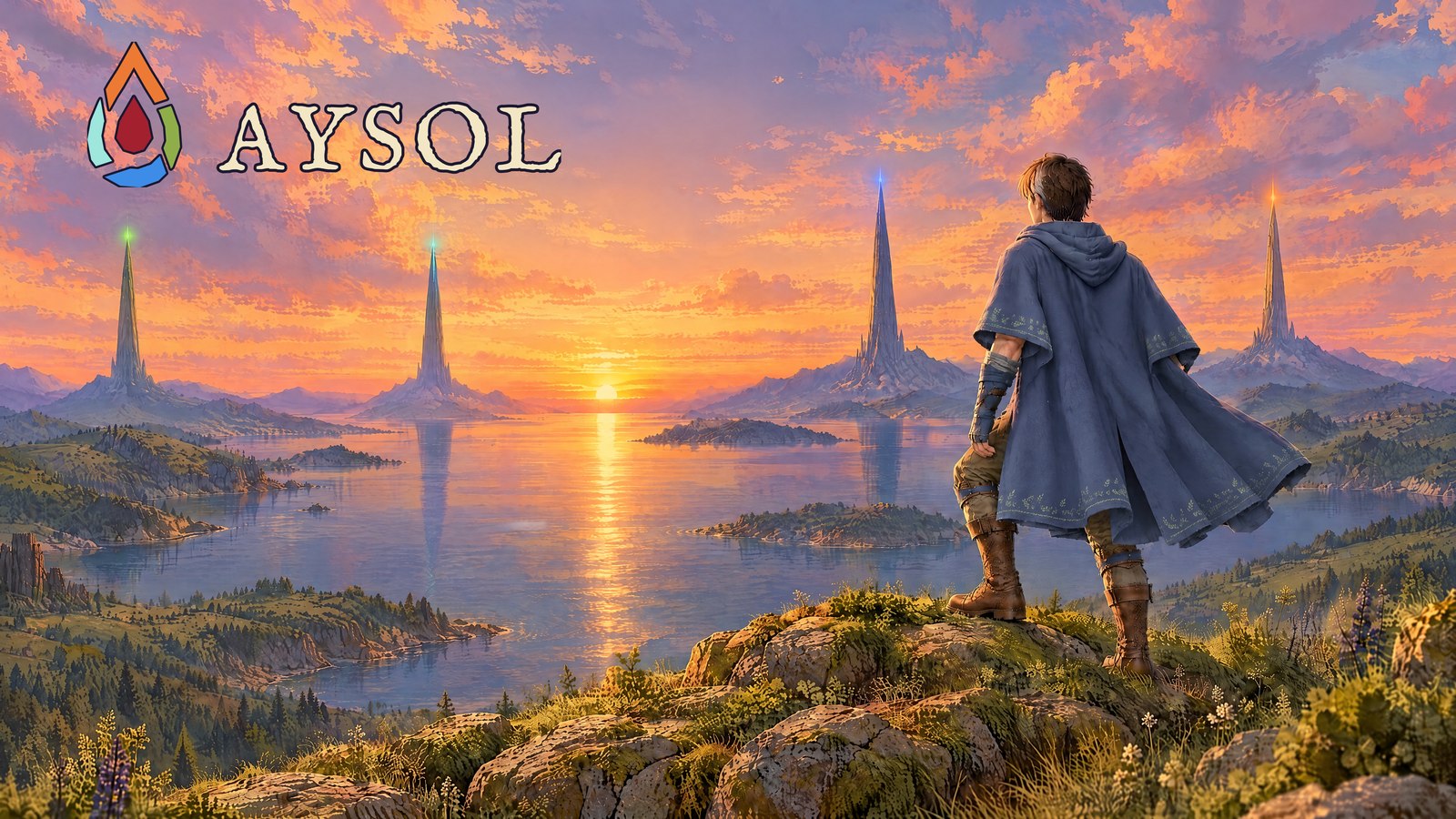 The Aysol title screen, with the logo over a painted mountain landscape