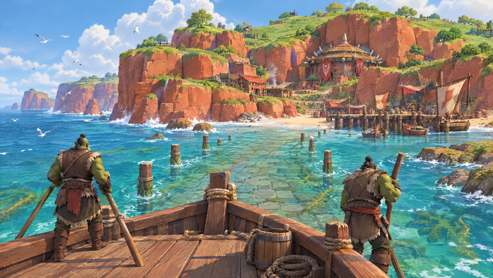 An orc ferry approaching the red-coast landing, boats and a round hall on red cliffs above the water
