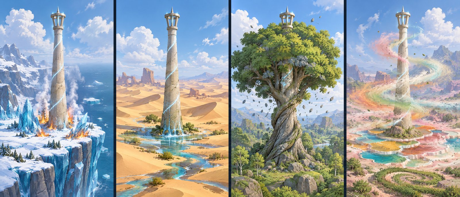 One spire design shown with all four overflows: fire in snow, a flood on dry sand, the tree turning to stone, and the coloured gale
